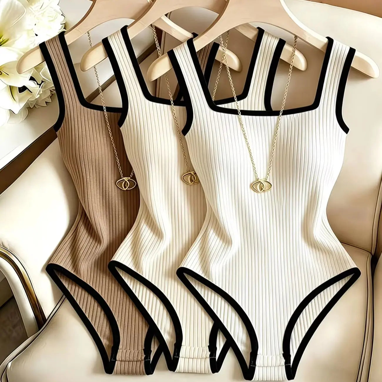3pcs Women's Ribbed Bodysuit Set Fashionable Black Piped Square Neck Waist-Cinching Style Summer Nightlife Wear Elegant Beach Ou