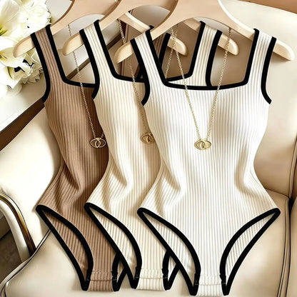 3pcs Women's Ribbed Bodysuit Set Fashionable Black Piped Square Neck Waist-Cinching Style Summer Nightlife Wear Elegant Beach Ou