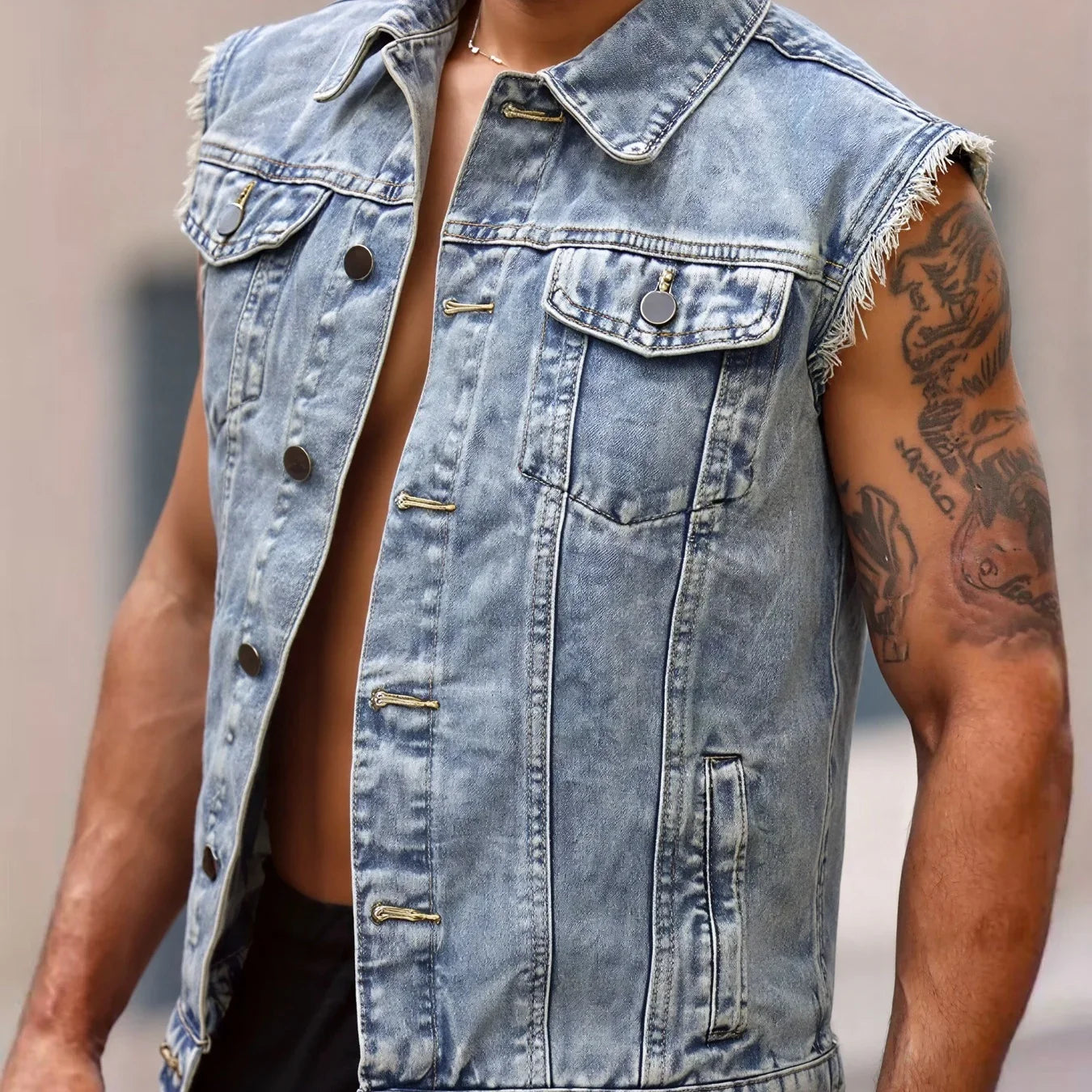 American Streetwear Men's Frayed Denim Vest Vintage Washed Turn Down Collar Sleeveless Jean Jacket Spring Summer