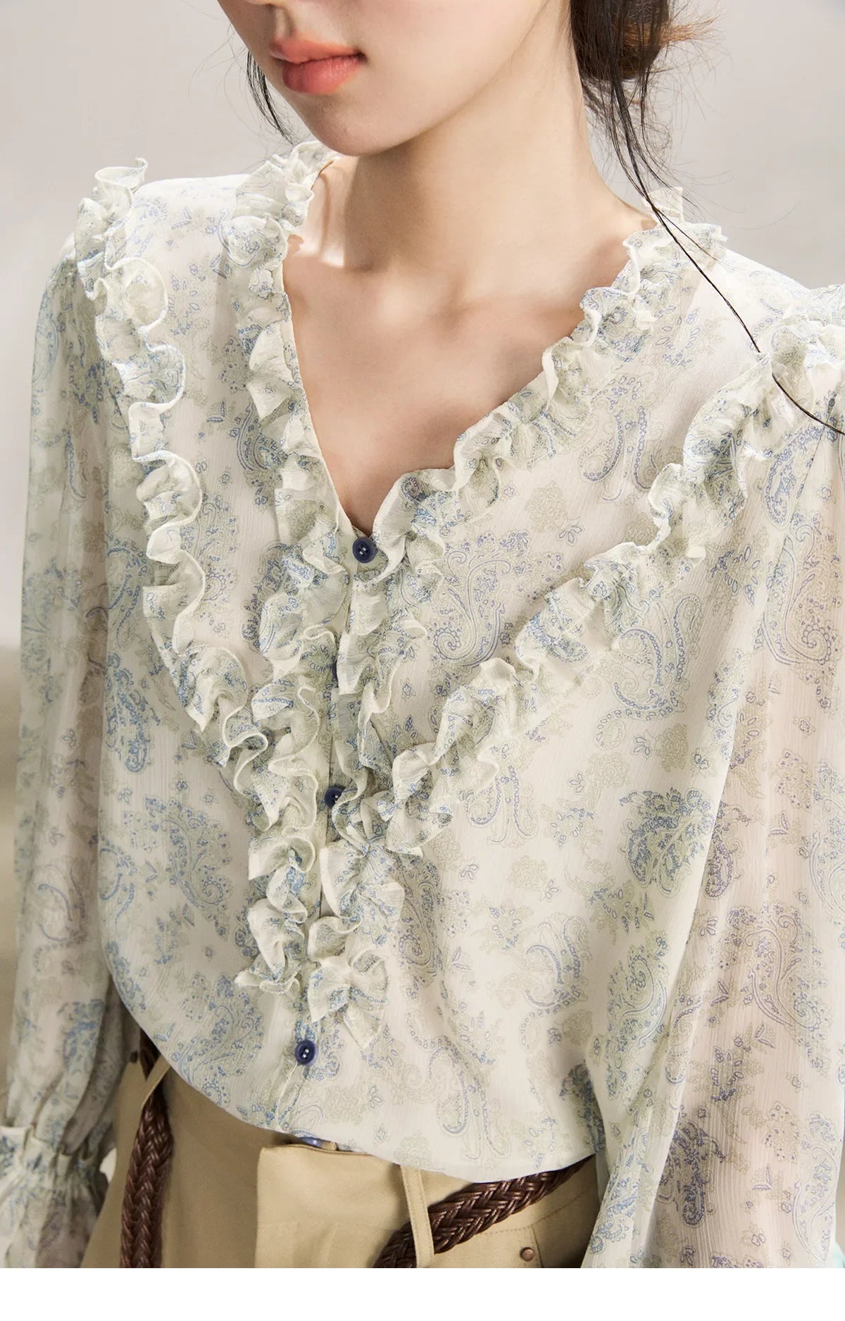 Women's Light Blue Paisley Print Ruffle Blouse V-neck Sheer Long Sleeve Chiffon Shirt Casual Summer Wear MXF13X2549