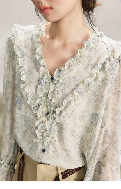 Women's Light Blue Paisley Print Ruffle Blouse V-neck Sheer Long Sleeve Chiffon Shirt Casual Summer Wear MXF13X2549