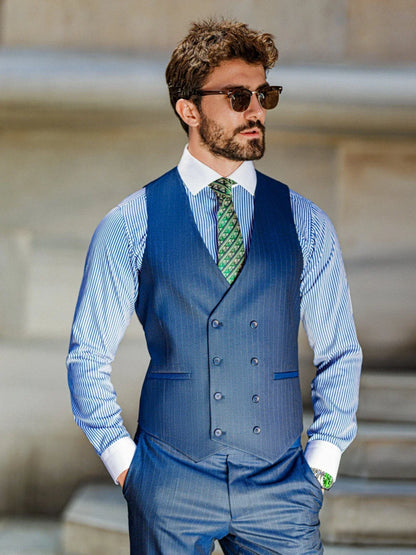 Blue Striped Tuxedo Blazer Vest Pants 3 Pieces For Formal Occasion Handsome Modern Peak Lapel Men's Business Suit Set Customized