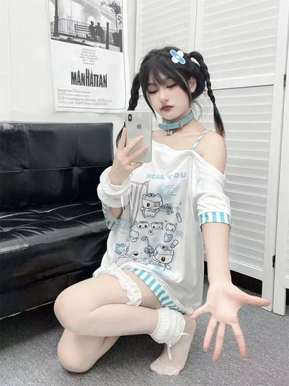 Japanese Harajuku Sweet Graphic T Shirts Women Cat Print Summer Off shoulder Top Short-sleeve Oversize Tees Loose Casual T shirt