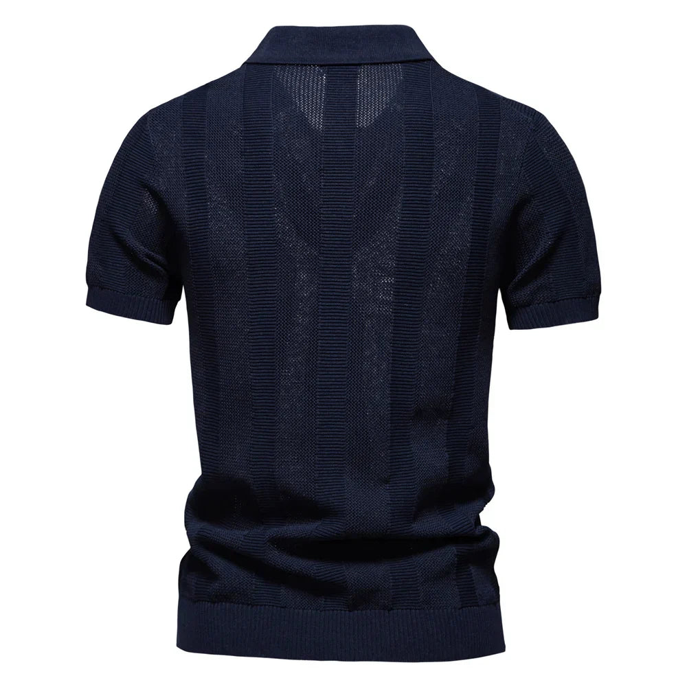 2025 Men's Solid & Striped Mesh Polo Shirt - Breathable Knit Casual Top with Turn-Down Collar