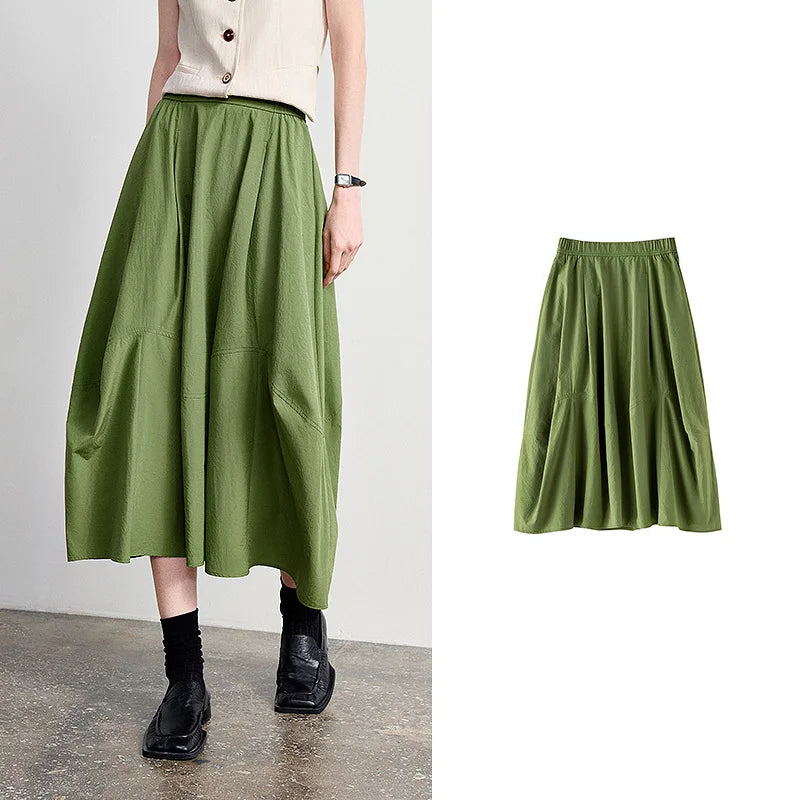 Women's A-Line Bud Skirt 2026 Summer New Split Detail Retro Puff Midi Skirt, Lightweight Outdoor Wear