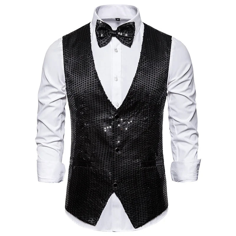 New Gold Sequin Vest Men's Single-breasted V-neck Sleeveless Vests Coat Wedding Party Waistcoat Silver Blue Purple Red Tops