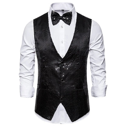New Gold Sequin Vest Men's Single-breasted V-neck Sleeveless Vests Coat Wedding Party Waistcoat Silver Blue Purple Red Tops