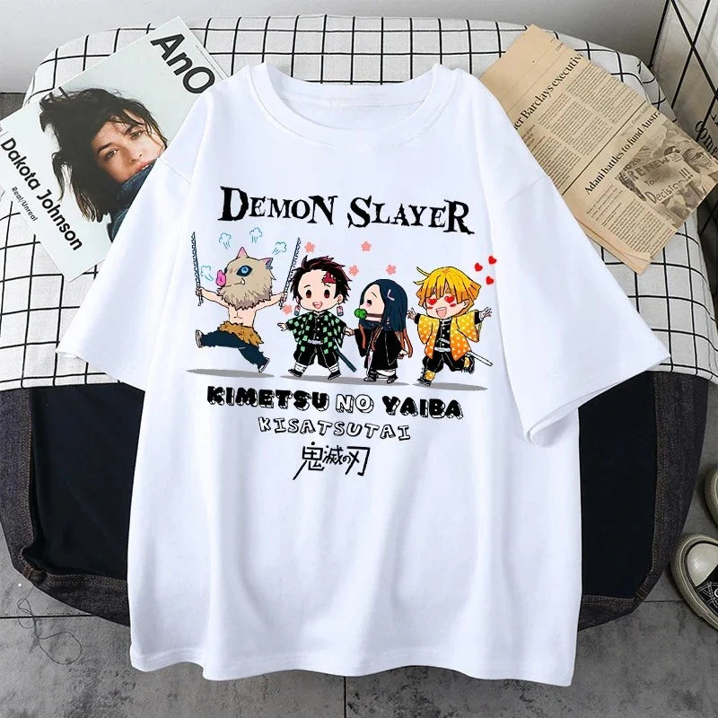 Plus Size Demon Slayer Summer Anime Printed Men, Women T-shirt Casual Parent Child Top Fashion Street Wear Harajuku Style Y2K