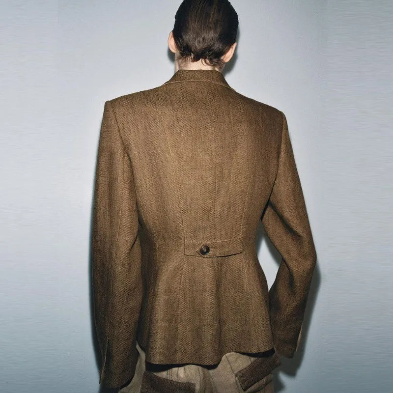 Brown Linen Blend Fitted Blazer Contrast Stand Collar Single Row Buttons Waist Cinched Tailored Cropped Vintage Commuter Coat