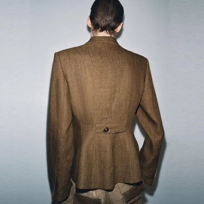 Brown Linen Blend Fitted Blazer Contrast Stand Collar Single Row Buttons Waist Cinched Tailored Cropped Vintage Commuter Coat