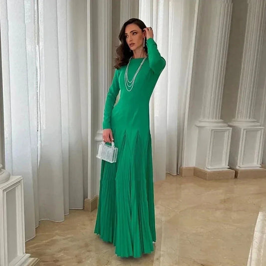 Customized Jiayigong Fashion Simple Green Jersey Evening Dresses O-neck Sexy Backless Full Sleeves A-line Floor Length Pageant P