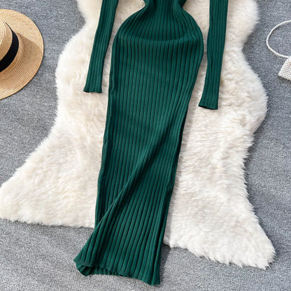 Winter Women Knit Maxi Dress O Neck Autumn Long Sleeve Slim Solid Harajuku Ladies Fashion Pencil Sweater Long Dresses