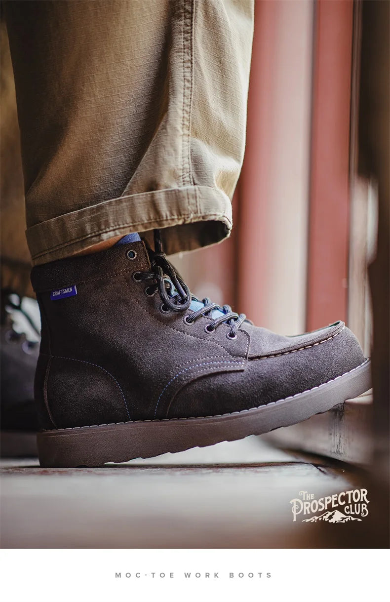Maden Men's Vintage Brown Cow Suede Work Boots Chunky Sole Lace-Up High Top Thermal Combat Boots for Autumn and Winter Shoes