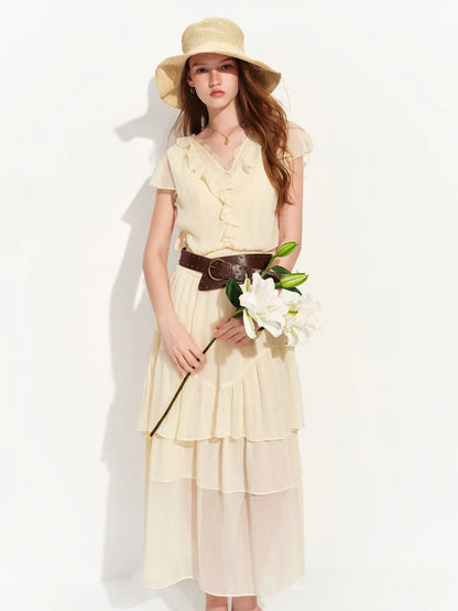 2026 Summer Women‘s Tiered Ruffle Lace Trim Chiffon Long Short Dress Flowy Smocked Maxi for French Romantic Coquette Style