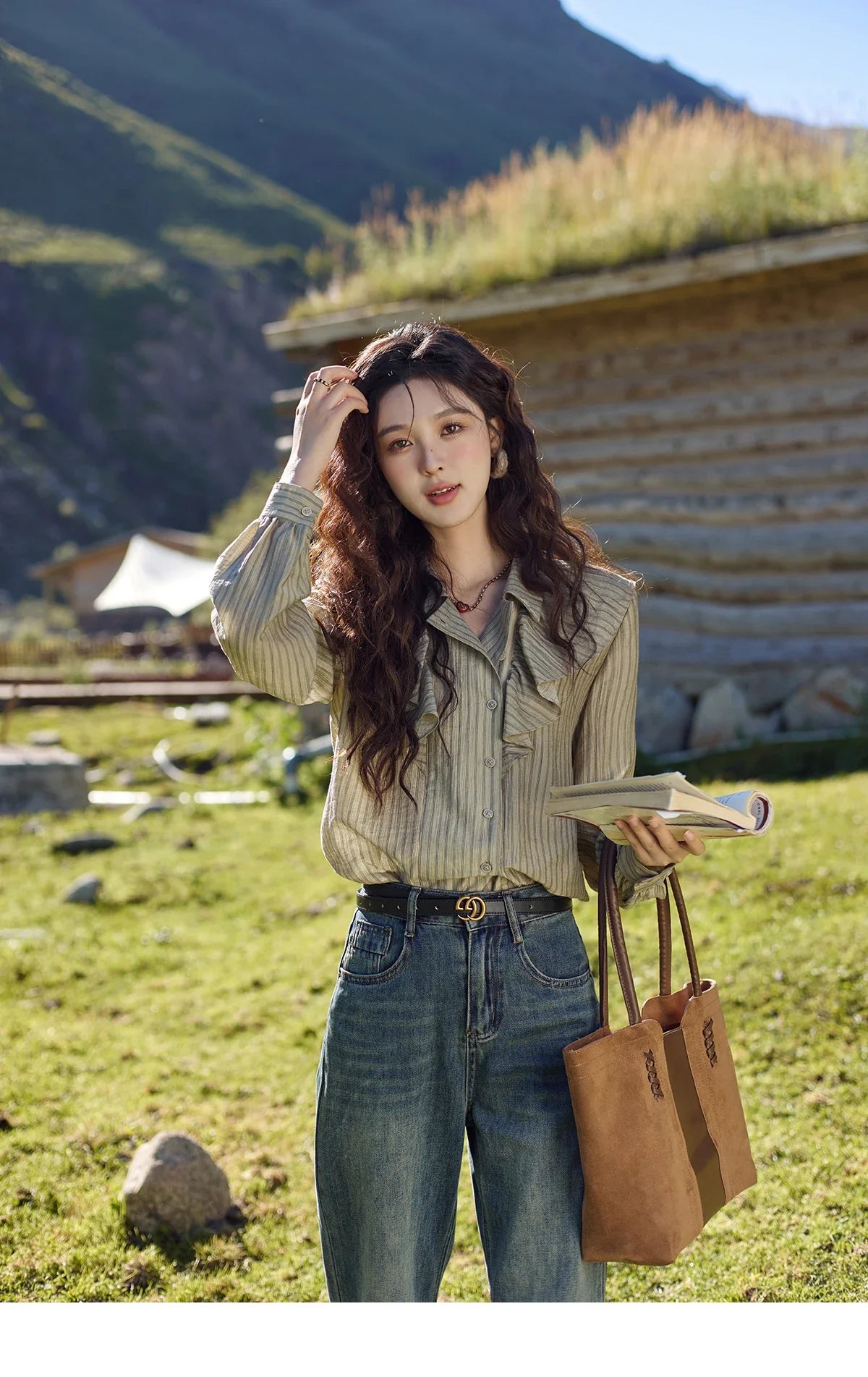Retro Button Long Sleeved Striped Shirt for Women 2024 Autumn Korean Flounce Polo Neck Casual Tops Office Lady MXD41C0321
