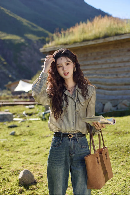 Retro Button Long Sleeved Striped Shirt for Women 2024 Autumn Korean Flounce Polo Neck Casual Tops Office Lady MXD41C0321
