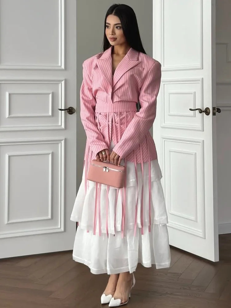 Women's Spring Summer Lapel Stripe Print Fringe Detail Blazer Elegant Formal Party 2026 Trendy Feminine Fashion Blazer