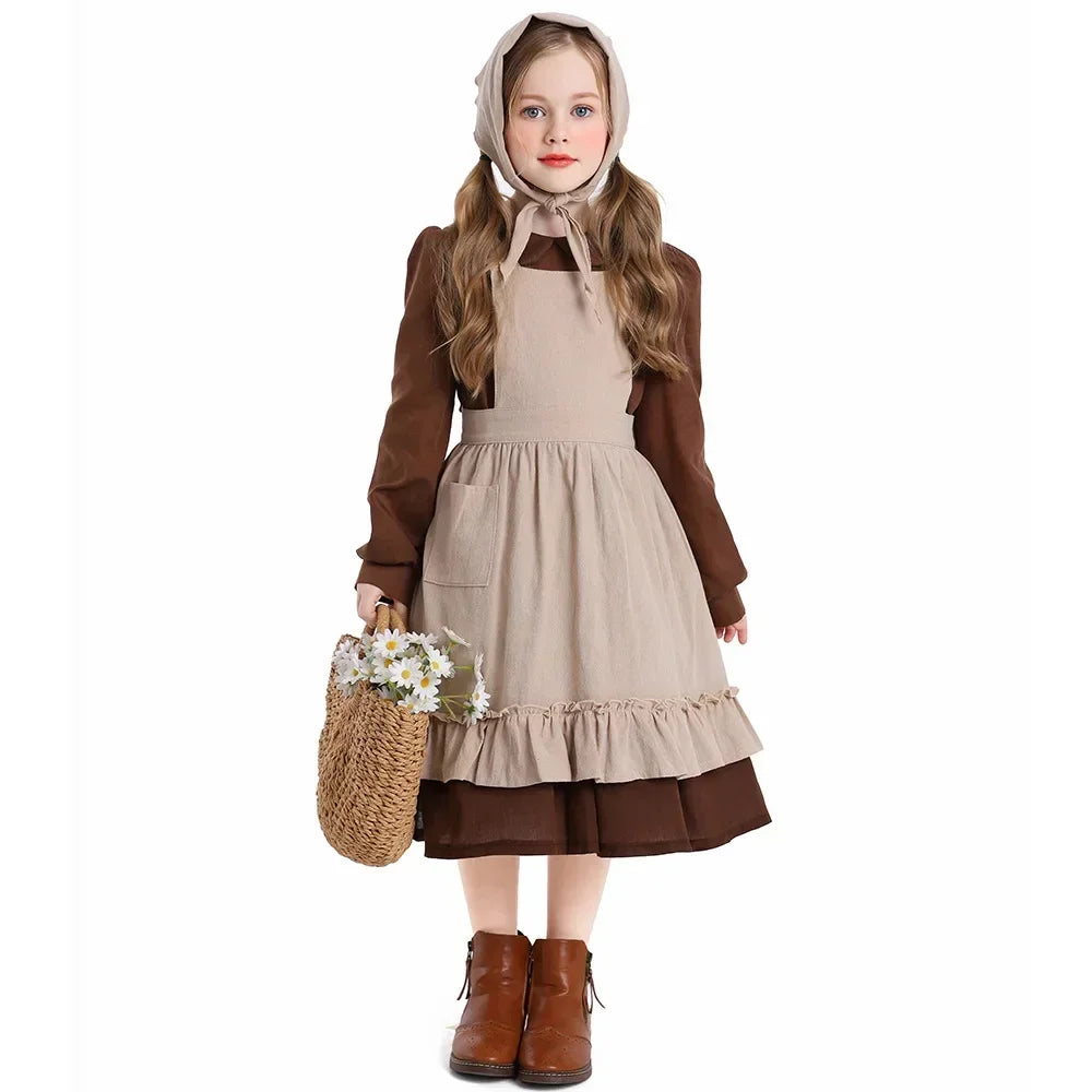 Kids Poor Clothes Cosplay Cinderella Maid Costume Colonial Farm Village Girl Pioneer Prairie Dress