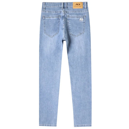 Fashion Light Blue Slim Straight Jeans Men's Spring Autumn Elastic Comfortable Denim Pants Korean Casual Business Trousers