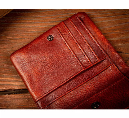 Men's Hand-Rubbed Genuine Leather Short Wallet Top-Grain Vegetable-Tanned Zipper Wallet with Driver's License Card Holder