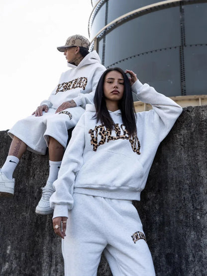 new fashionable leopard print letter embroidery street casual pants men's and women's versatile hooded sweatshirt pants set Y2K