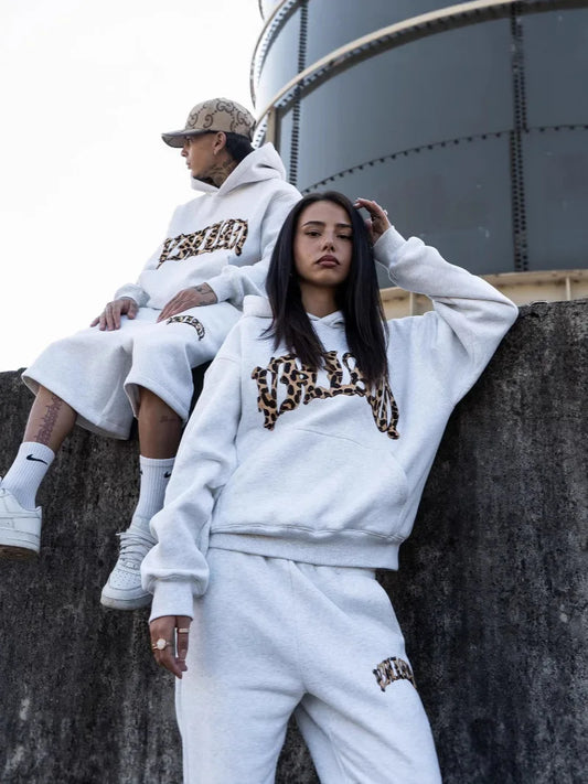 new fashionable leopard print letter embroidery street casual pants men's and women's versatile hooded sweatshirt pants set Y2K