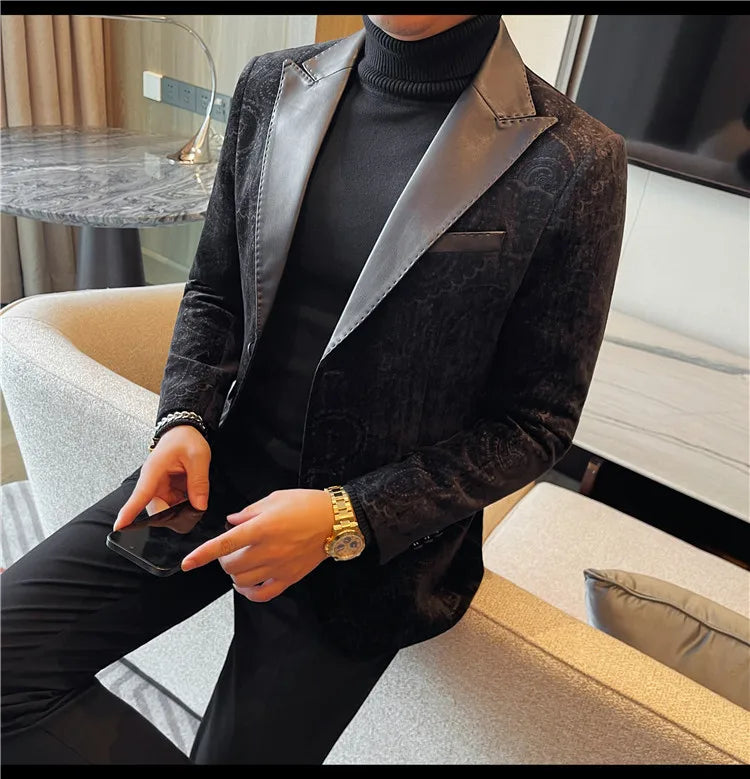 2025 Fashion Leather Neck Spliced Suit Jacket Luxury Men's Business Slim Fit Social Formal Blazers Coats Wedding Groom Tuxedos