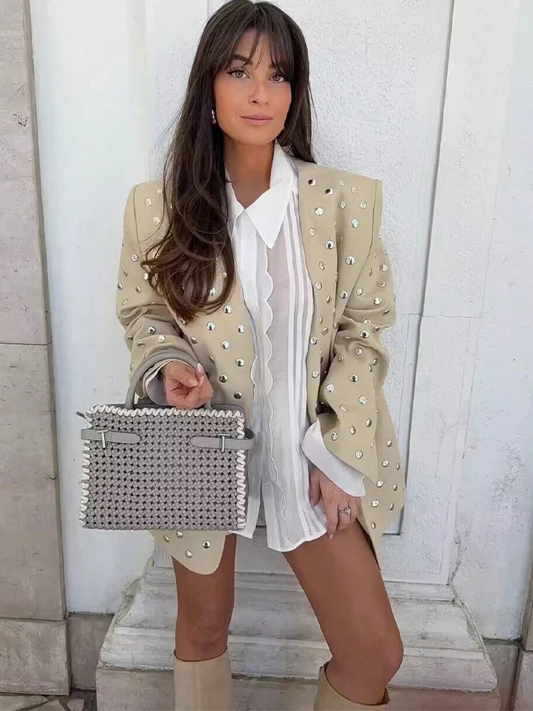Women's Rivet Decoration Casual Blazer Long Sleeve V Neck Beige Spring Fall Coat