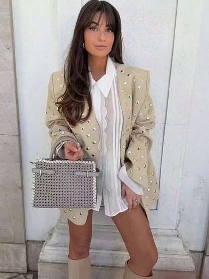 Women's Rivet Decoration Casual Blazer Long Sleeve V Neck Beige Spring Fall Coat