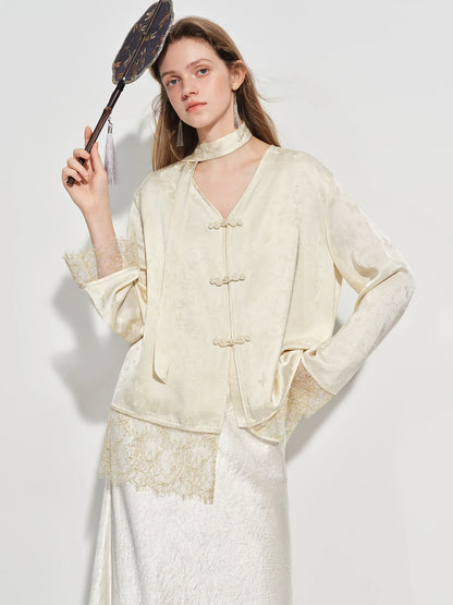 New Chinese-inspired Women's Satin Jacquard V-Neck Blazer Button Closure Acetate Fabric Sash Blouse Spring 2026 New Arrival