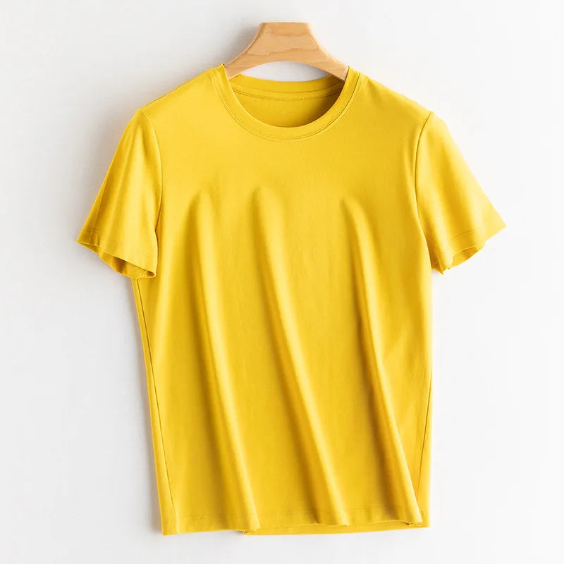 Women Solid T shirts, Silk Cotton Blend, O Neck, Short Sleeved Solid Tee,2025 Summer Candy Colors Basic Cozy Top Green
