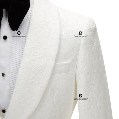 2023 Men's Suit for Wedding Ivory Paisley Jacket Tuxedo Black Pants with Satin Side Stripe Slim Fit Shawl Lapel