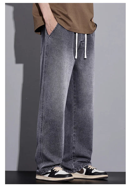 Men's Clothing Wide-leg Pants Baggy Jeans Streetwear Straight Fashion Denim Trousers Y2k Vintage Washed Elastic Waist Man Pants