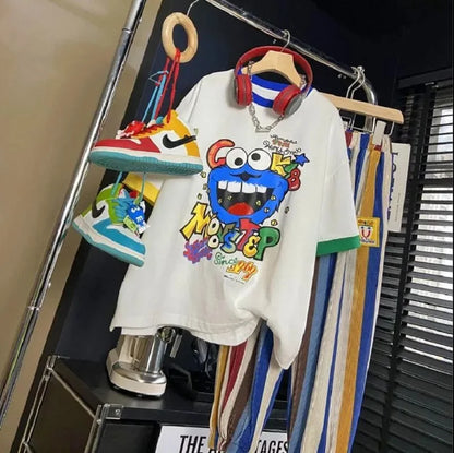 Summer Boys Cotton Contrast Cartoon T-Shirt Tops+Loose Colored Stripes Pant Set School Kids Tracksuit Child 2PCS Outfit 5-16 Yrs
