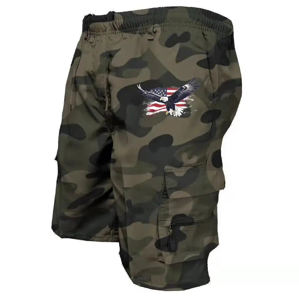 2026 Male Cargo Shorts Elastic Waist Cycling Shorts Multi-pockets Loose Work Short Pants Outdoor Sport Printed Casual Shorts
