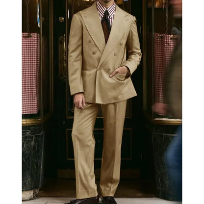 Men's Khaki Suit 2 Piece Set Double Breasted Peak Lapel Blazer Straight Leg Pants Fashion Formal Outfit Business Casual Wedding