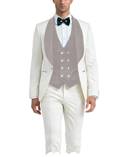 Men White Tuxedo Suit 3 Piece Shawl Lapel Slim Fit 1 Button Velvet Collar Patched Blazer Vest Pants Set for Wedding Party Groom