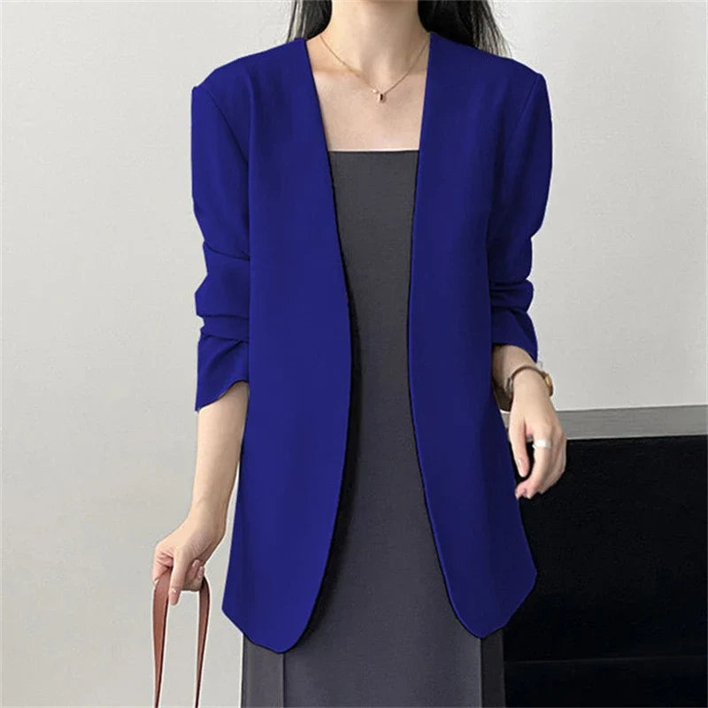 Fashion New Solid Casual Joker Women's Blazer Spring Autumn No Placket Cardigan Suit Jackets V-neck Long Sleeve 19-Color Coats