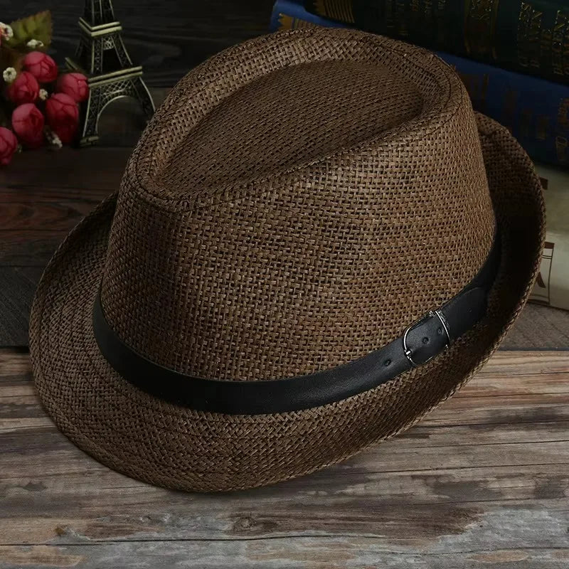 Fashion Men Straw Hat for Women Summer Trendy Beach Sun Hats Solid Color Fedoras Ribbon Casual Cowboy Jazz Cap Gangster Cap Male