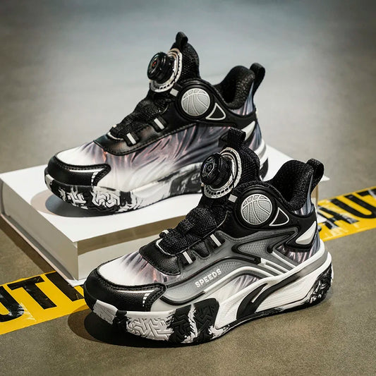 Children's basketball shoes boys' waterproof leather surface rotating buckle anti-slip and shock-absorbing student sports shoes