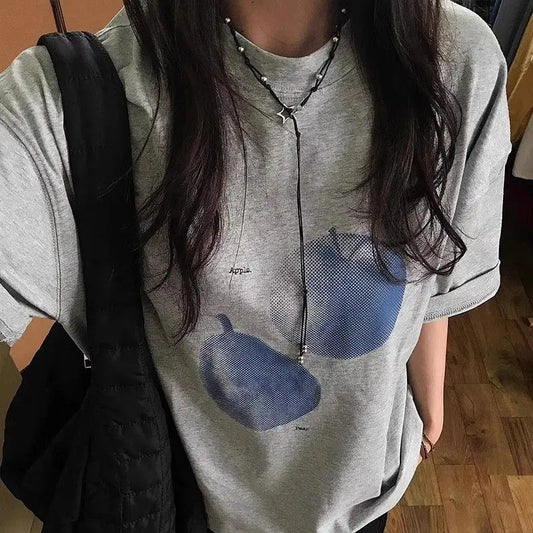 Blue Fruit Printed T-shirt for Men and Women Pure Cotton Retro Summer Fashion Trend Comfy Couple Short Sleeved Top Harajuku