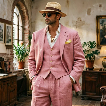 Relaxed Linen Men Suits Dark Green 3 Pieces Minimalist Single Breasted Casual Suit For Summer Wedding Party Business Occasion