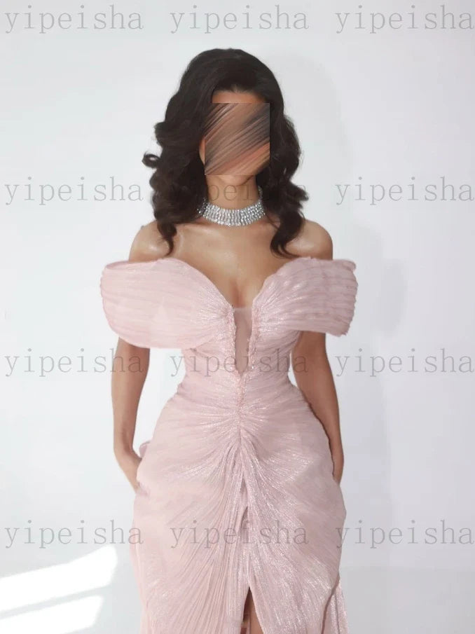 Customized Deep V-Neck Evening Dresses Off The Shoulder Pleat Backless Fornt Slit mermaid Prom Gown Long organza Party Dress
