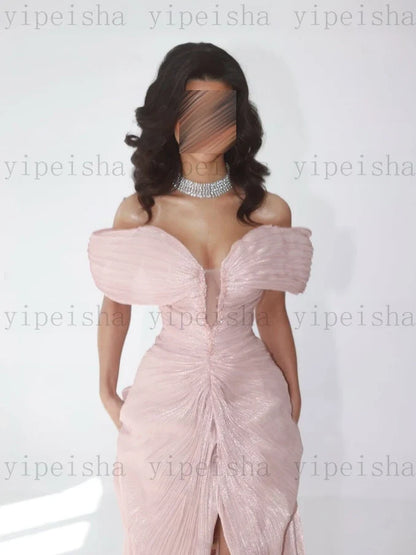 Customized Deep V-Neck Evening Dresses Off The Shoulder Pleat Backless Fornt Slit mermaid Prom Gown Long organza Party Dress