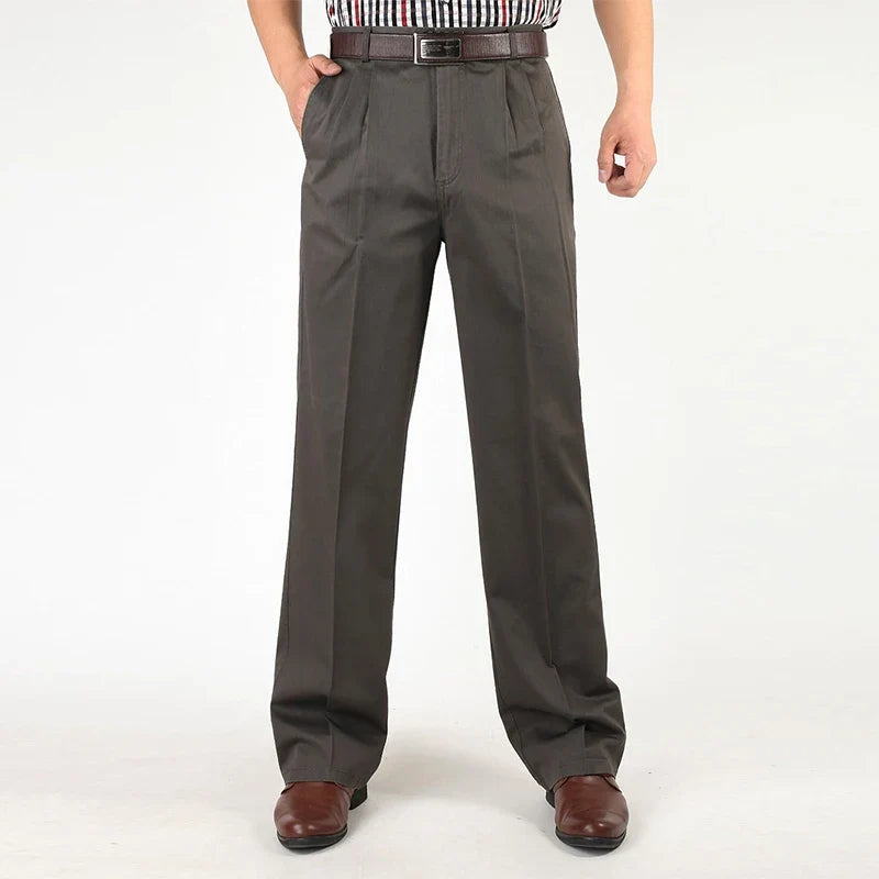 Double Pleated Straight Loose Casual Pants Men Classic Black Trousers High Waist Thick Autumn Cotton  Office Suit Pants 42 44 46