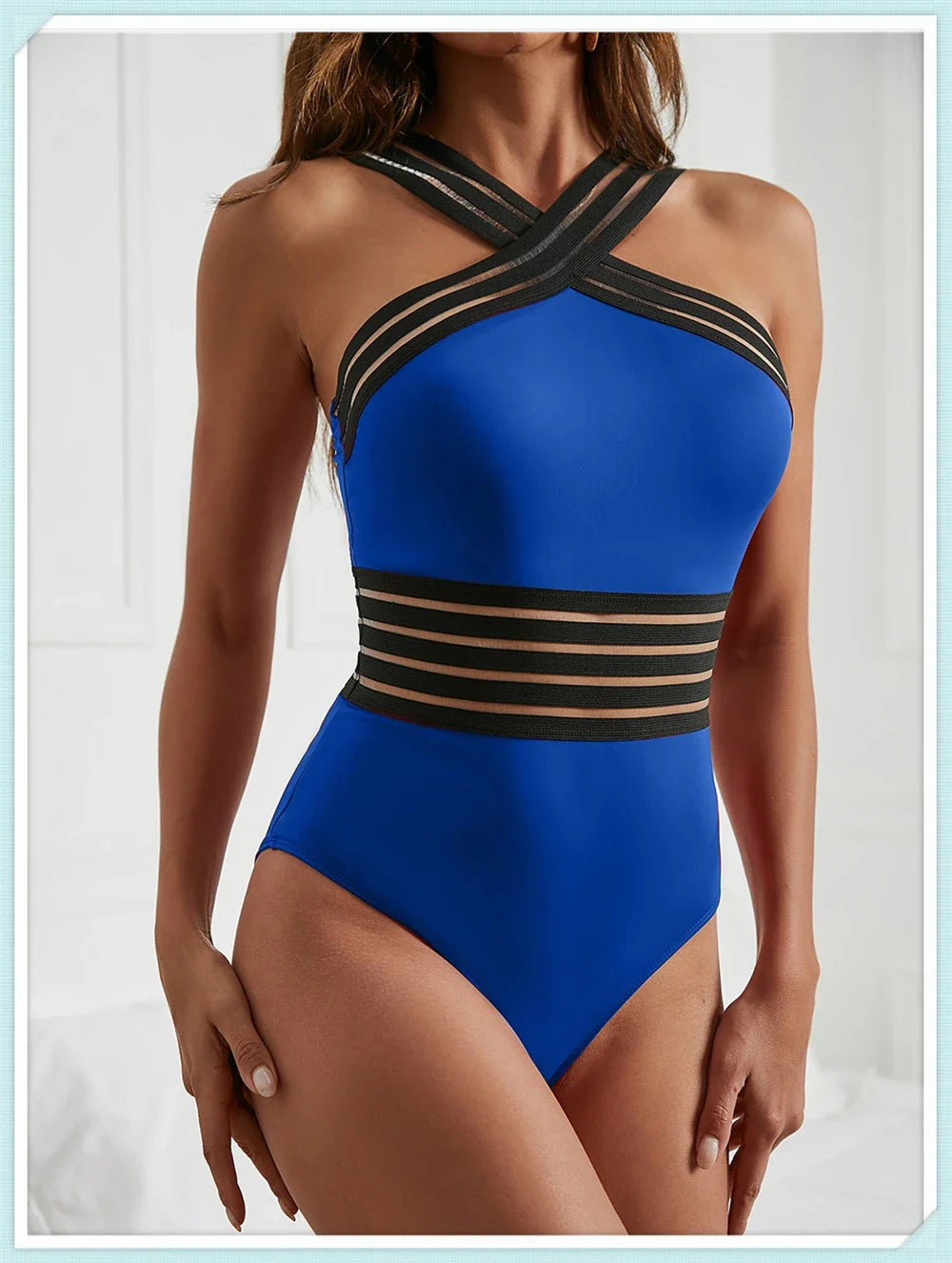Solid Mesh Tape Swimsuit 2026 One Piece Sexy High Neck Swimwear Women Cross Front Bathing Suit Female Padded Beachwear Bodysuit