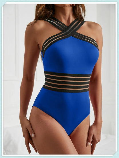 Solid Mesh Tape Swimsuit 2026 One Piece Sexy High Neck Swimwear Women Cross Front Bathing Suit Female Padded Beachwear Bodysuit