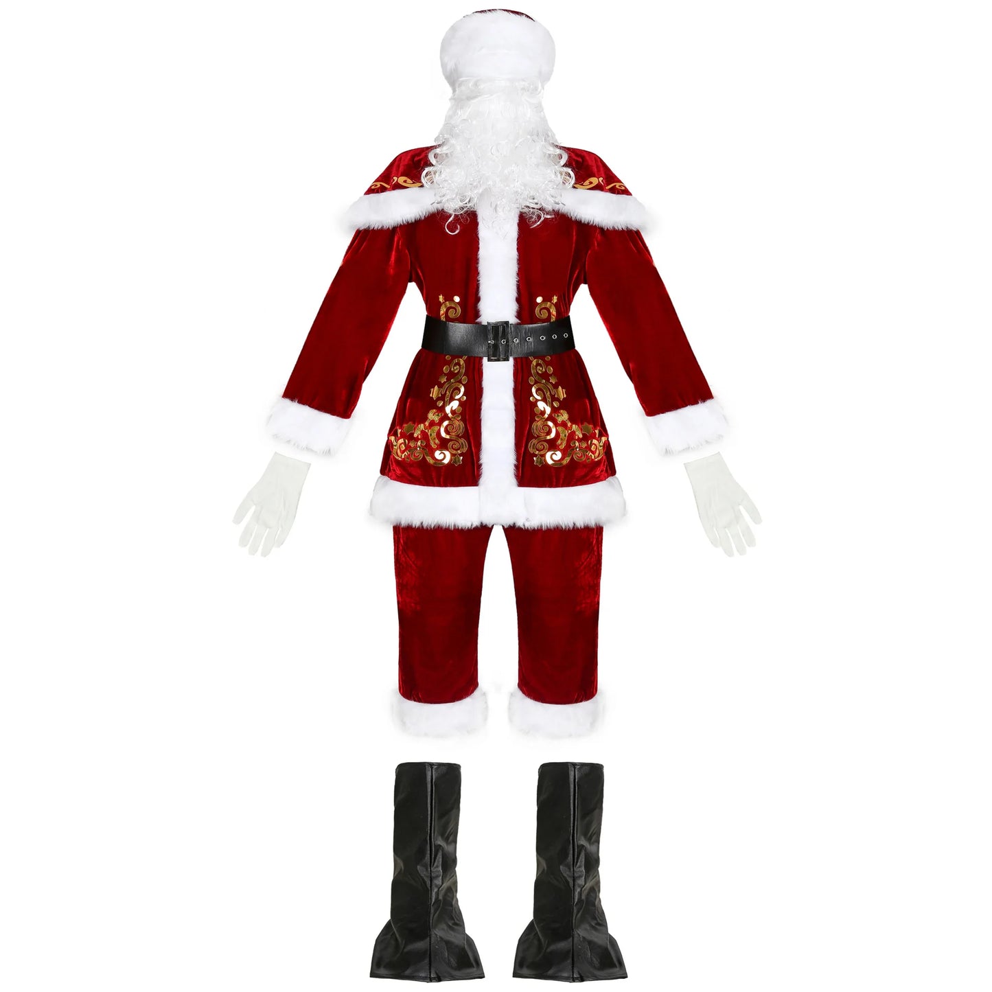 2024 New Man Santa Claus Suit Adult Christmas Cosplay Costume Red Deluxe Velvet Fancy 8pcs Set Xmas Party Family Costume Outfits