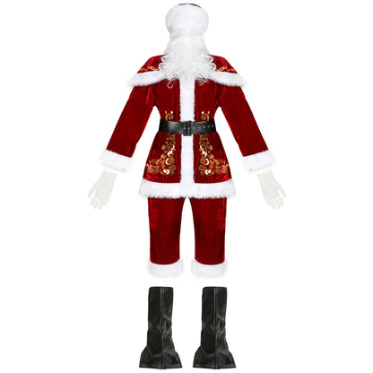 2024 New Man Santa Claus Suit Adult Christmas Cosplay Costume Red Deluxe Velvet Fancy 8pcs Set Xmas Party Family Costume Outfits