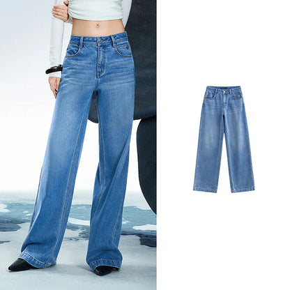 Women Denim Jeans 2025 Spring New Acetate Wide Leg Mid Low Waist Slim Fit Straight Wide Leg Pants